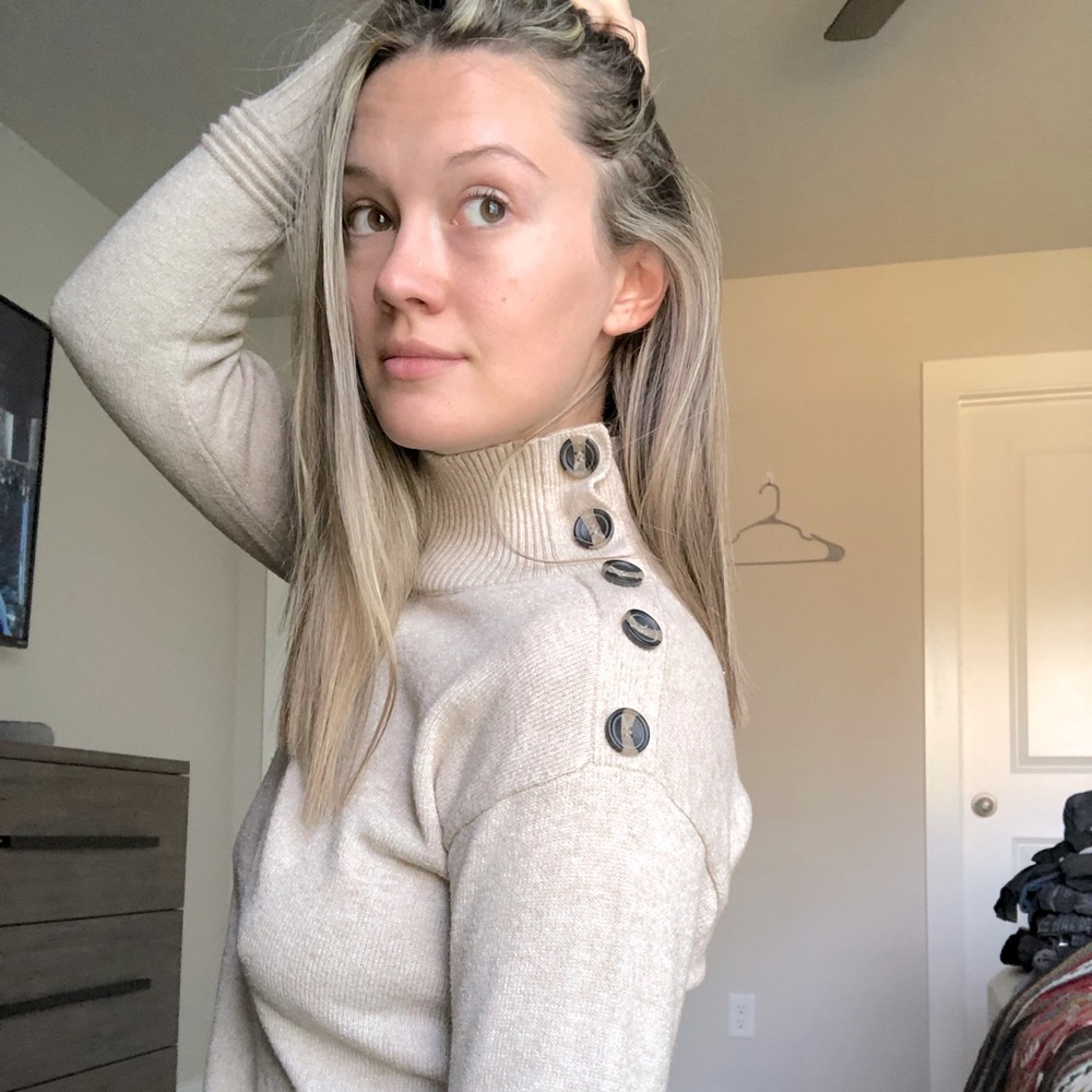 Poof Apparel, Tan Sweater, Button Shoulder, Small